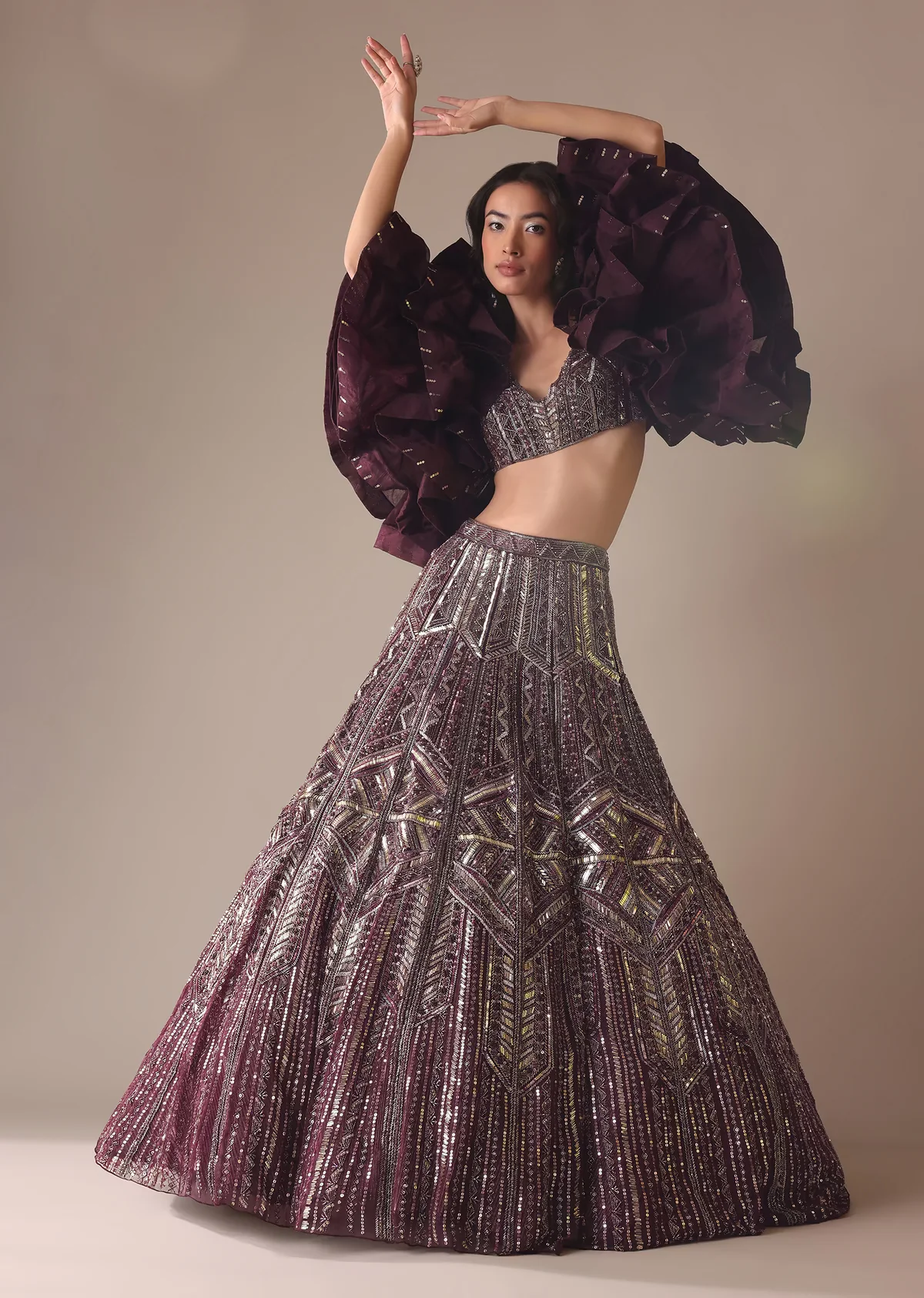 Wine Heavy Embroidered Bridal Lehenga With Long Ruffle Sleeves - Image 5