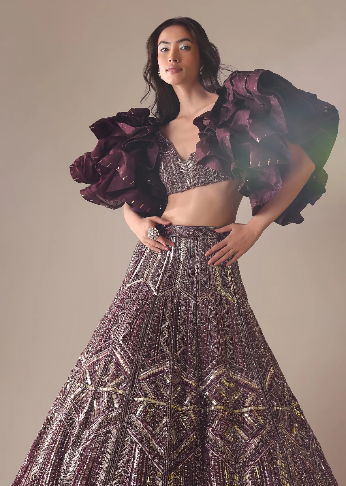 Wine Heavy Embroidered Bridal Lehenga With Long Ruffle Sleeves - Image 6