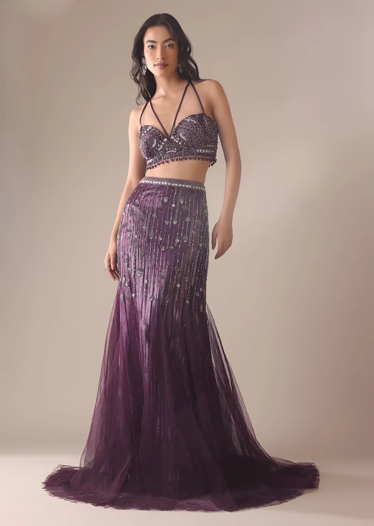 Wine Heavy Embroidered Fish Cut Skirt And Blouse With Cape - Image 3