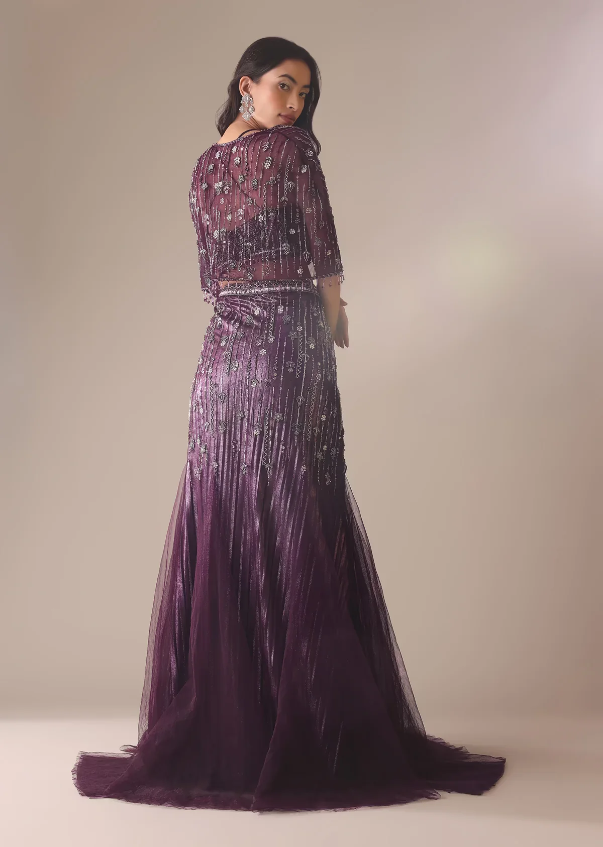 Wine Heavy Embroidered Fish Cut Skirt And Blouse With Cape - Image 4