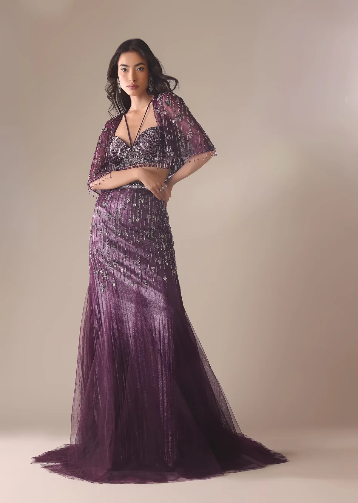 Wine Heavy Embroidered Fish Cut Skirt And Blouse With Cape - Image 5