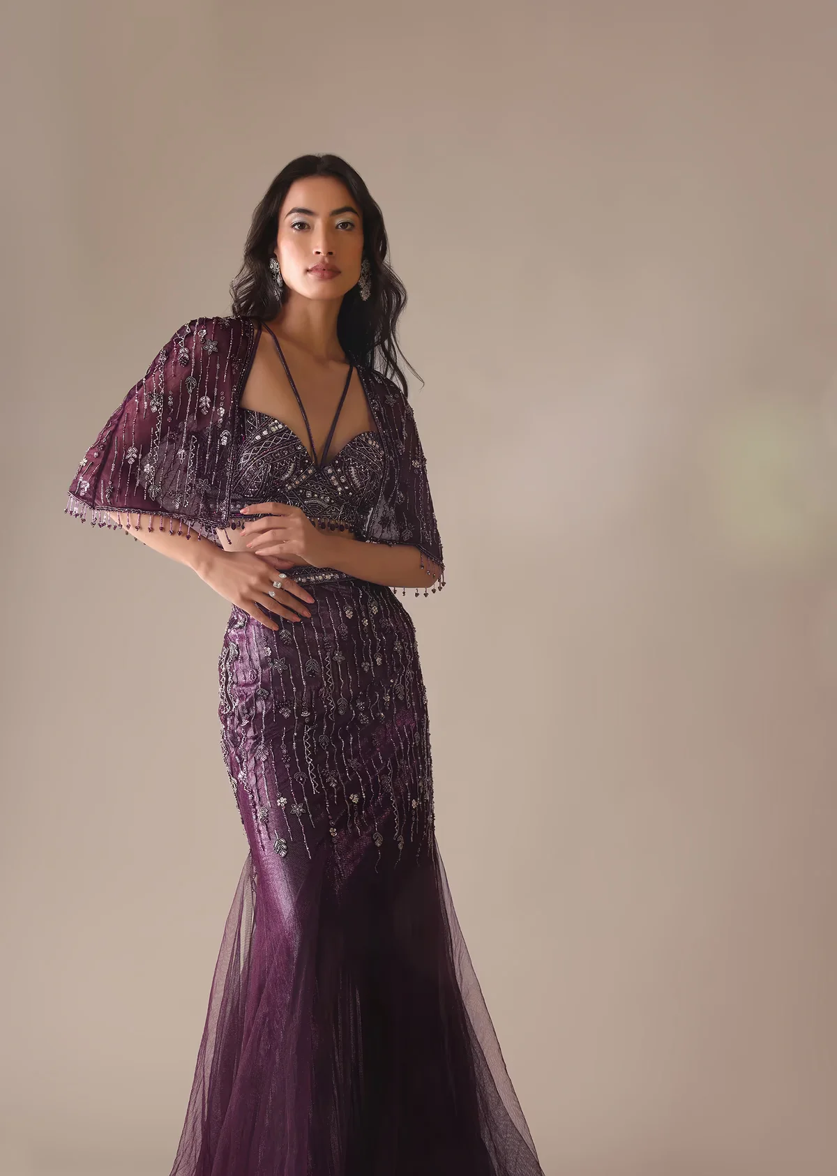 Wine Heavy Embroidered Fish Cut Skirt And Blouse With Cape - Image 6