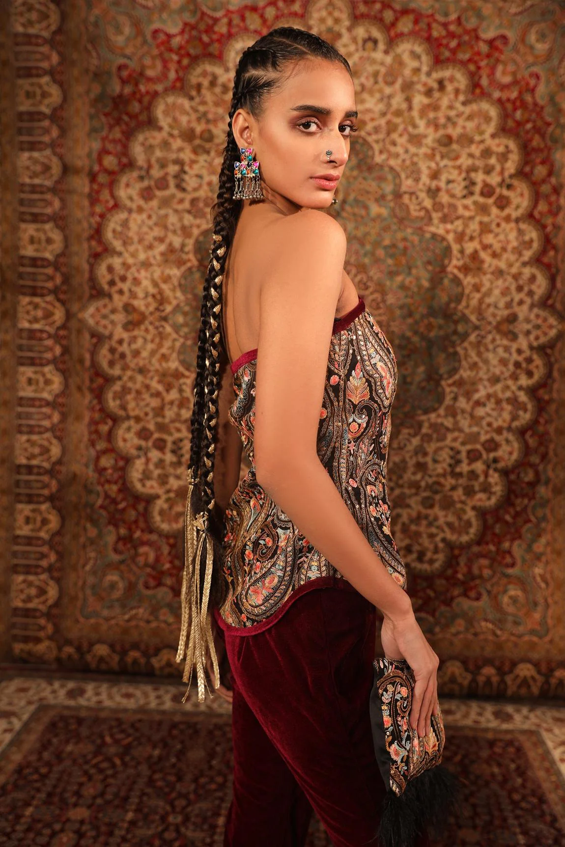 Wine Kashida Embroidered Top And Pant Set - Image 3