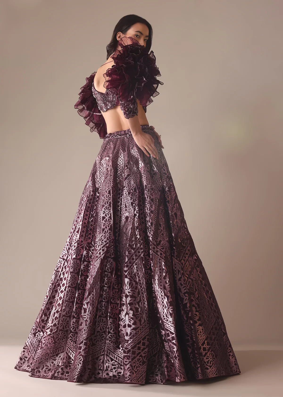 Wine Laser Cut Bridal Lehenga WIth Big Ruffle Sleeves - Image 3