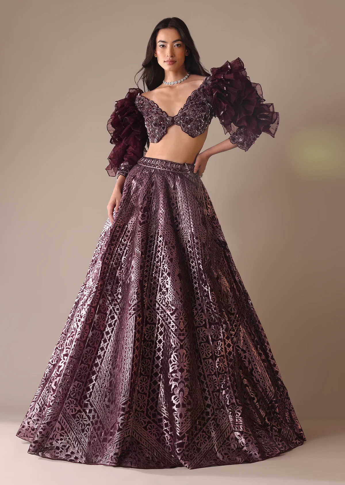 Wine Laser Cut Bridal Lehenga WIth Big Ruffle Sleeves - Image 6