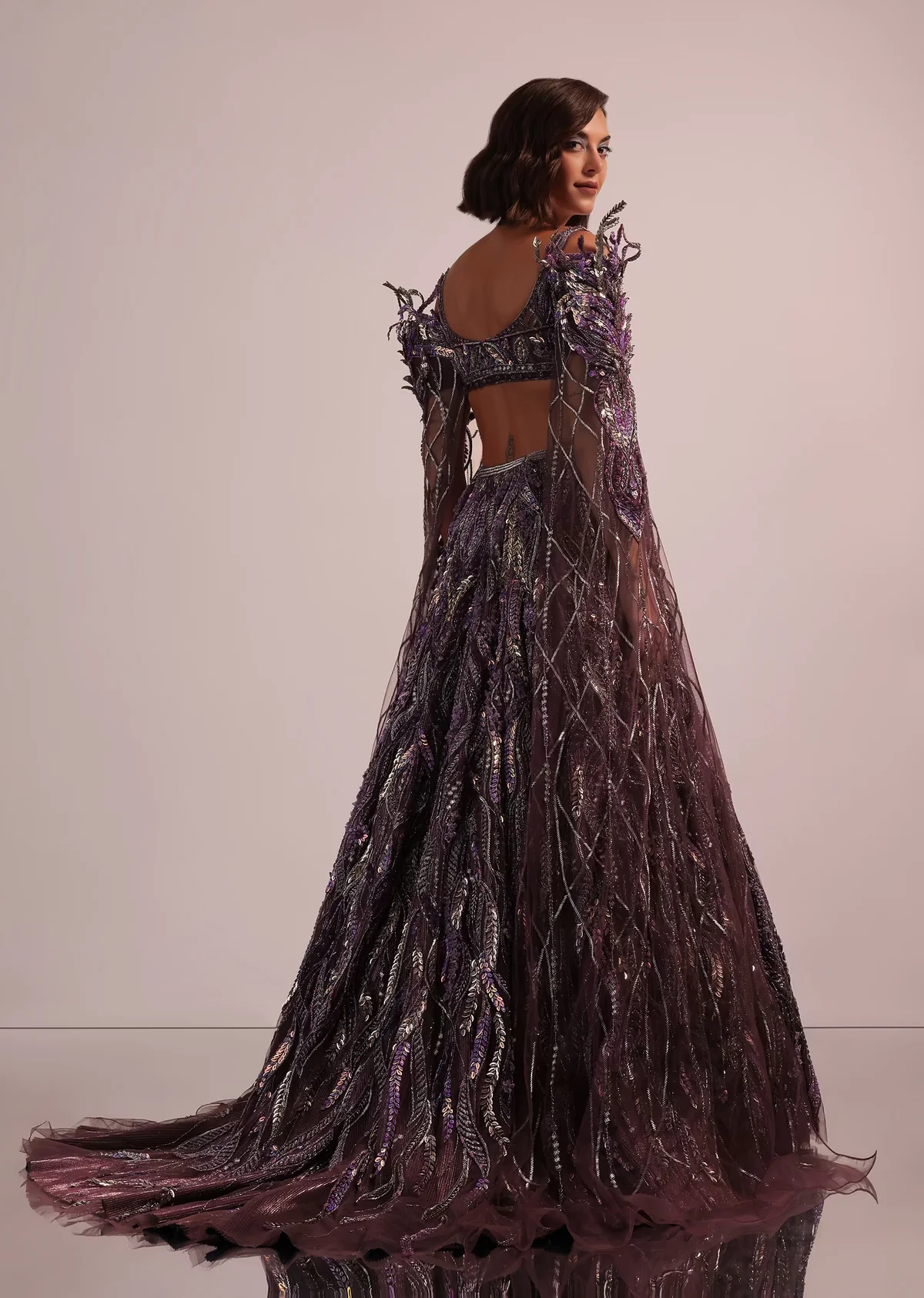 Wine Net Bridal Lehenga And Blouse With Long Trail Sleeves - Image 3