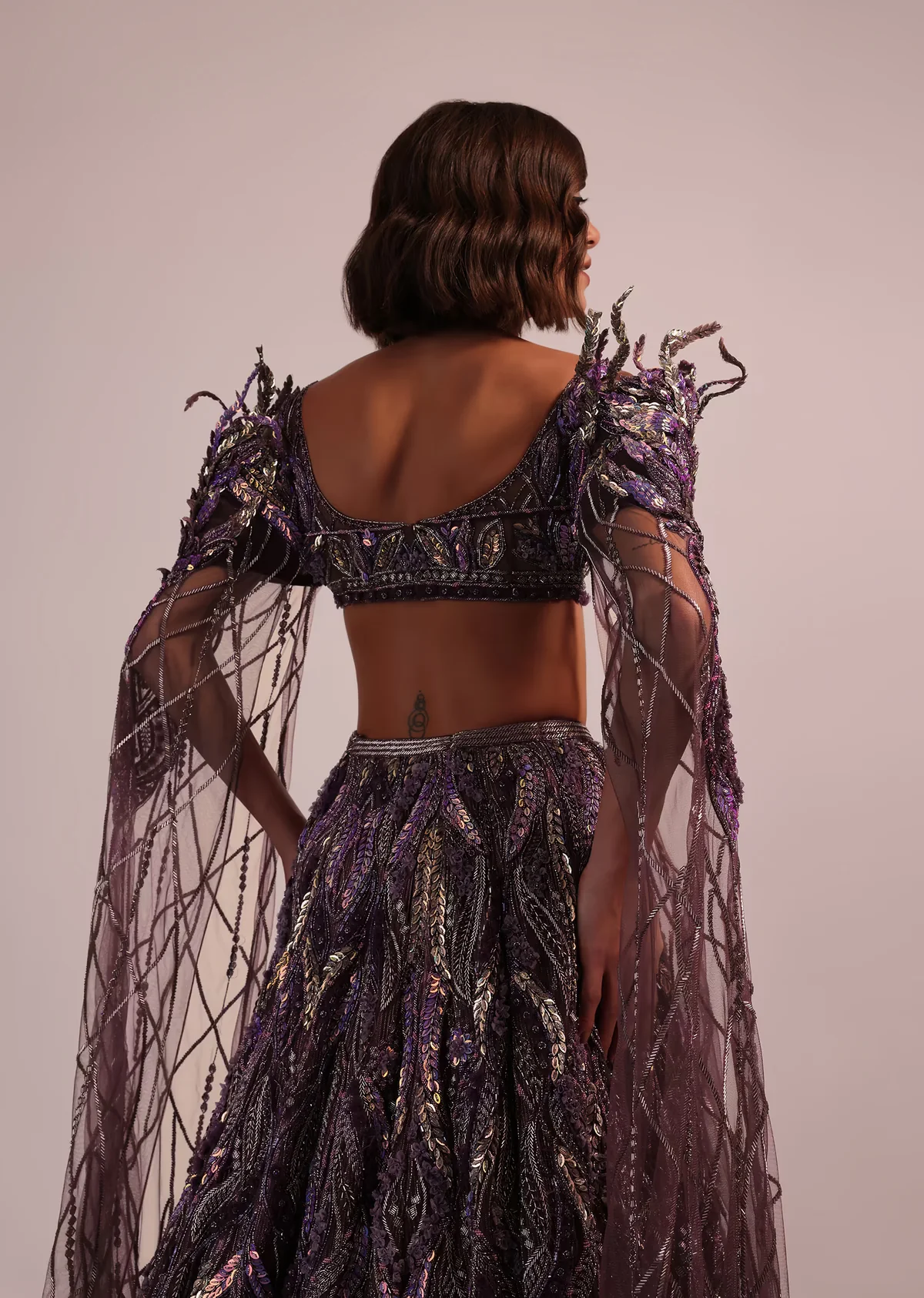 Wine Net Bridal Lehenga And Blouse With Long Trail Sleeves - Image 4