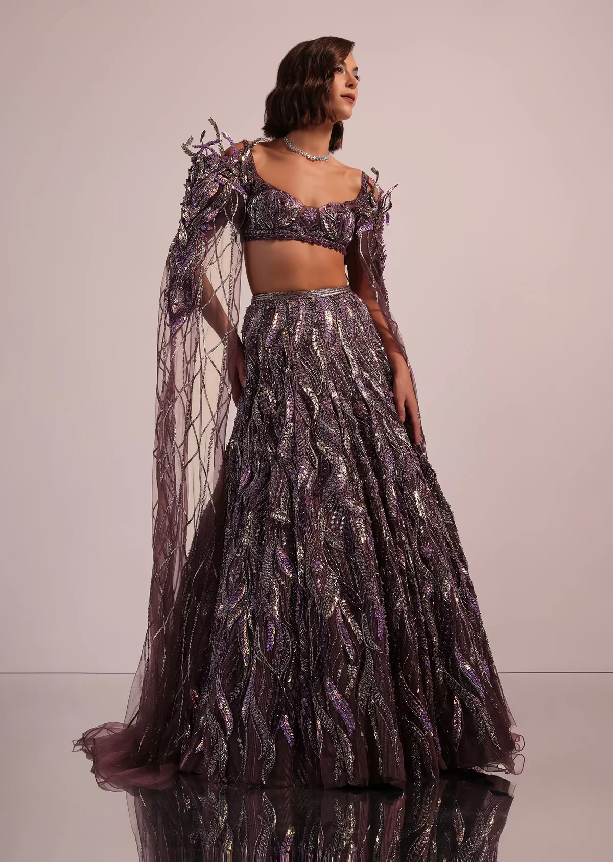 Wine Net Bridal Lehenga And Blouse With Long Trail Sleeves - Image 5