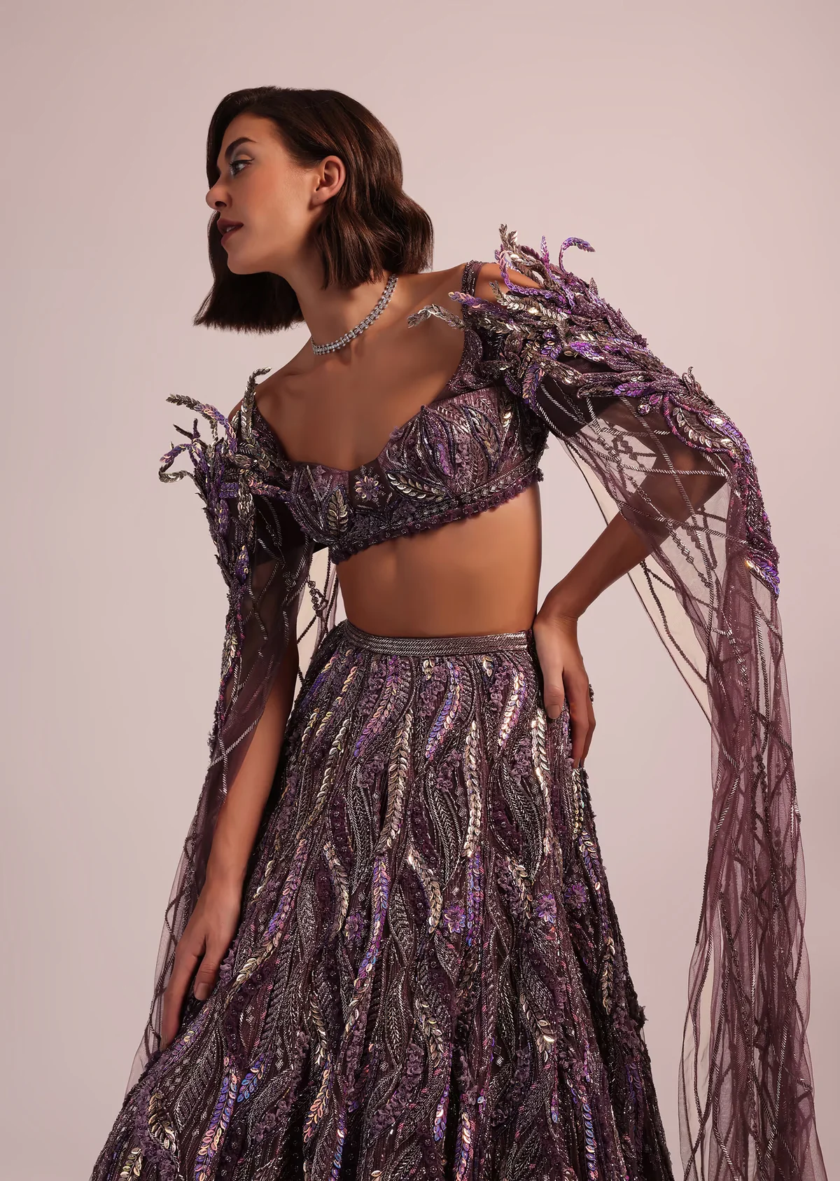 Wine Net Bridal Lehenga And Blouse With Long Trail Sleeves - Image 6