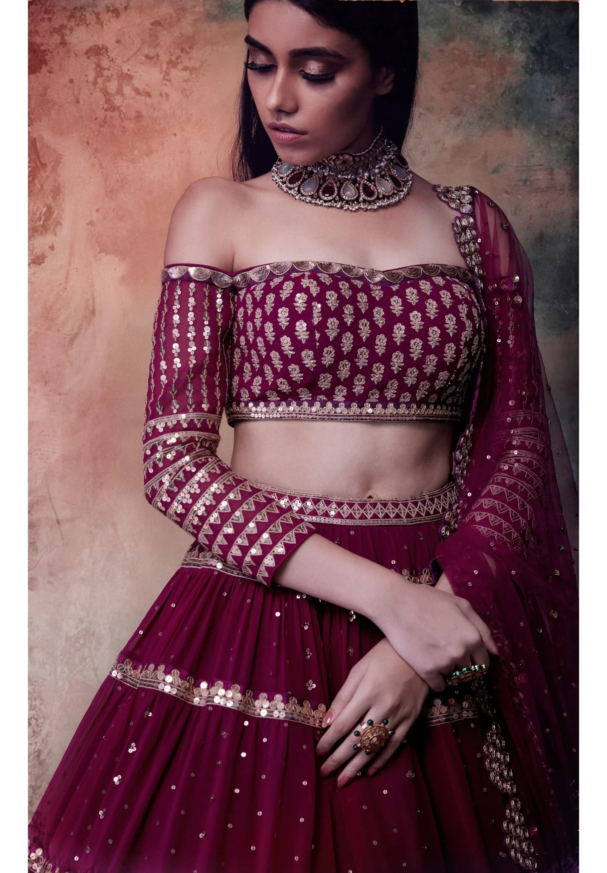 Wine Off Shoulder Tier Lehenga Set - Image 3