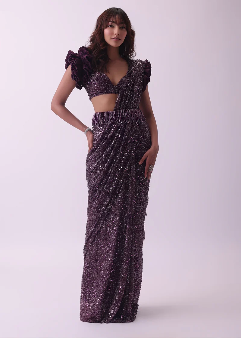 Wine Purple Pre Stitched Saree And Blouse Set In Sequins With Embroidered Belt