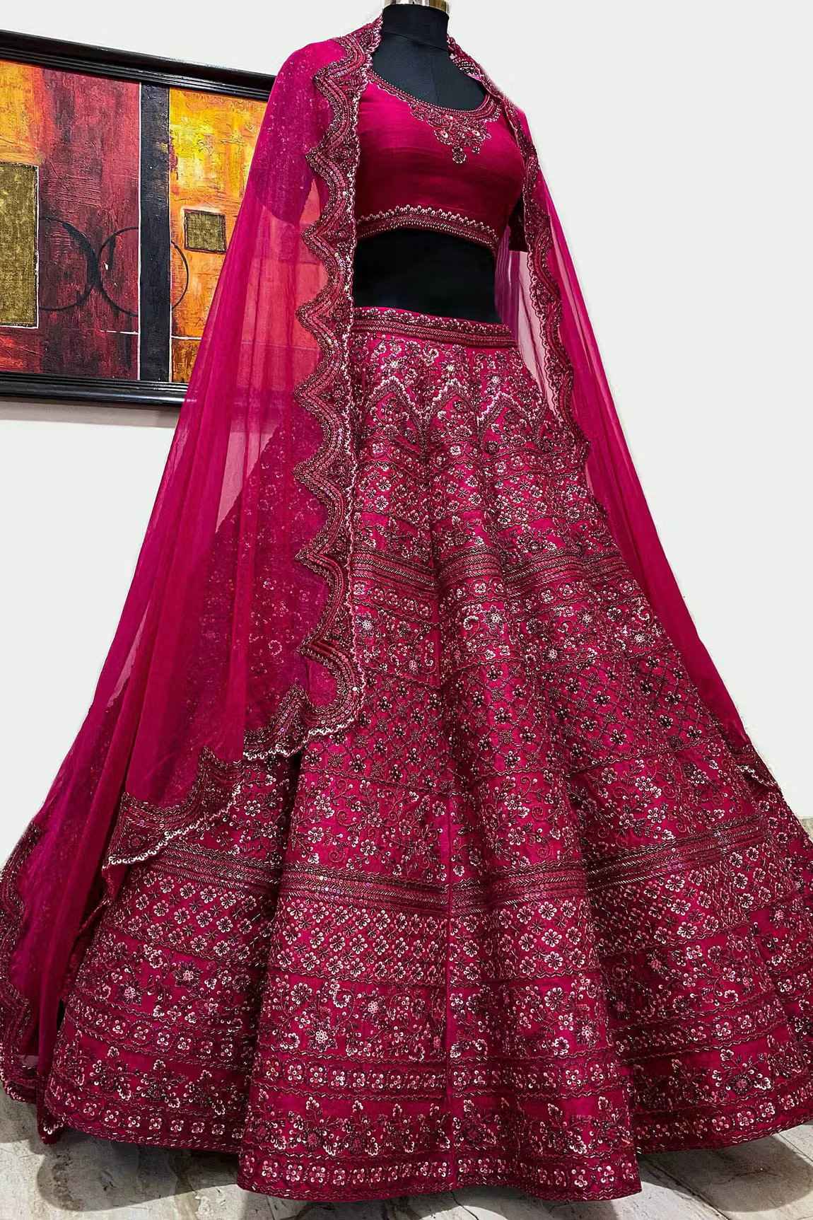 Wine Raw Silk Embroidered Lehenga Set - Image 4