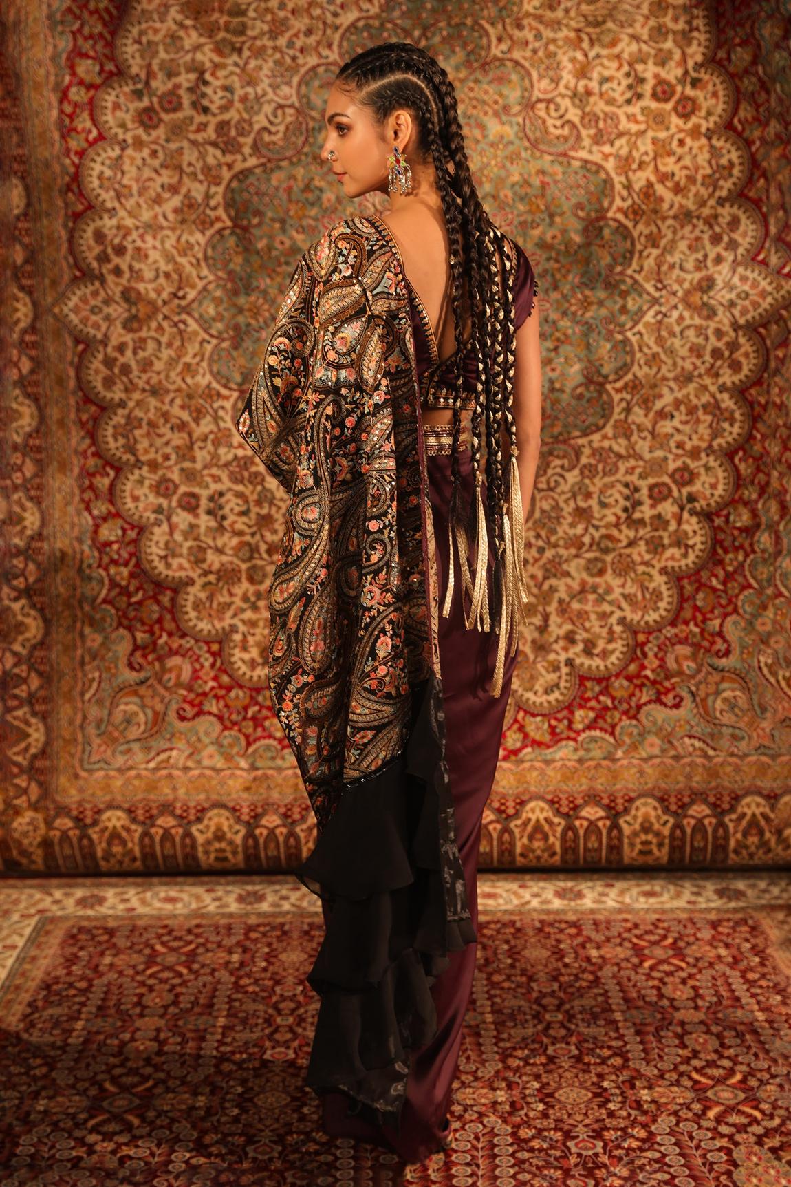 Wine Satin Pre-draped Saree With Blouse - Image 3