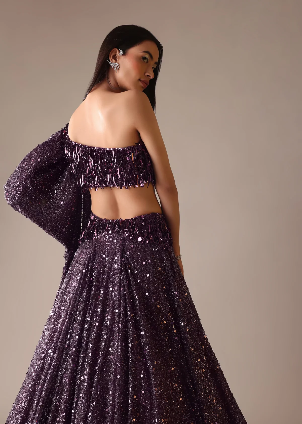 Wine Sequins Embroidered Lehenga And Blouse Set - Image 3