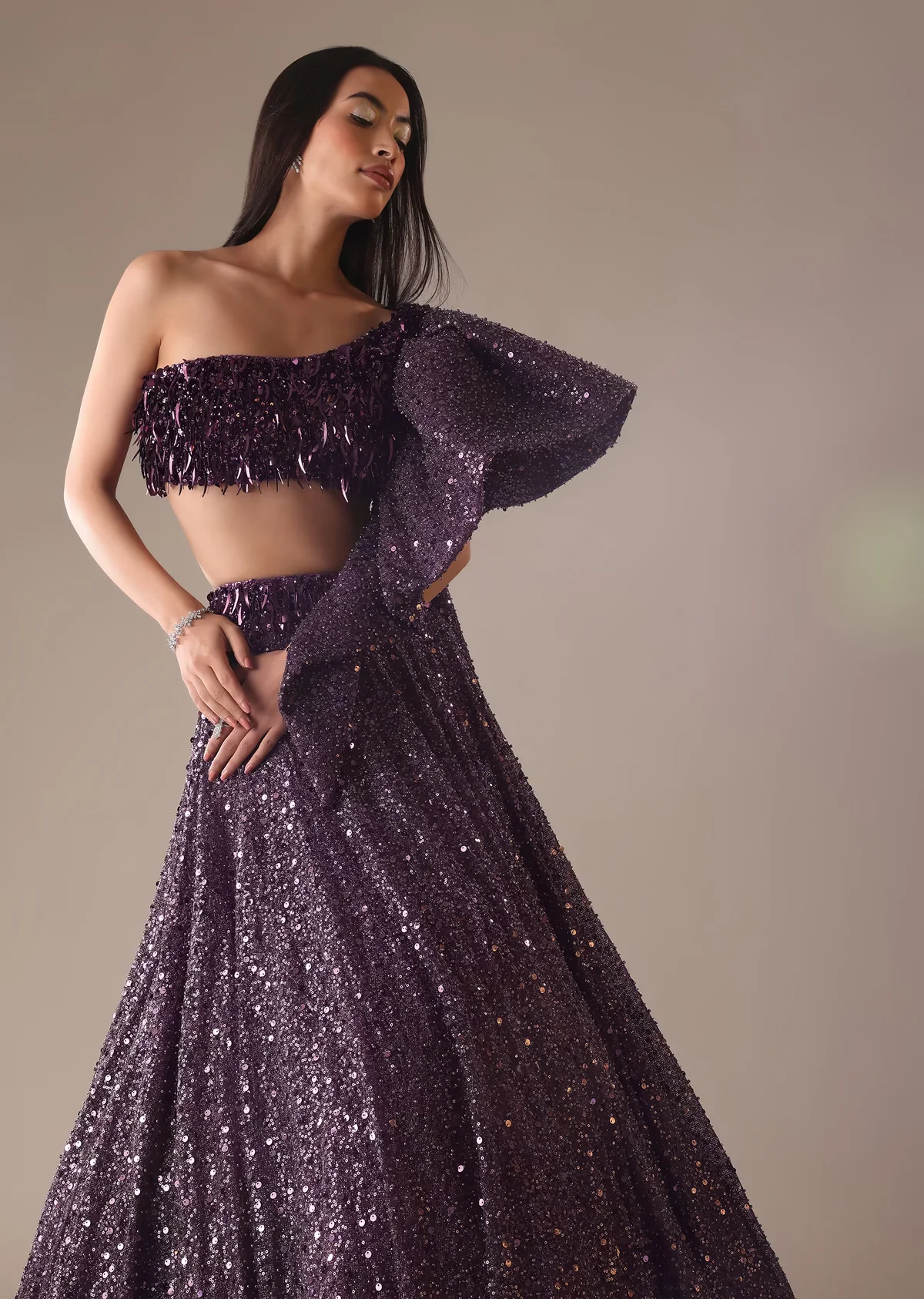 Wine Sequins Embroidered Lehenga And Blouse Set - Image 5