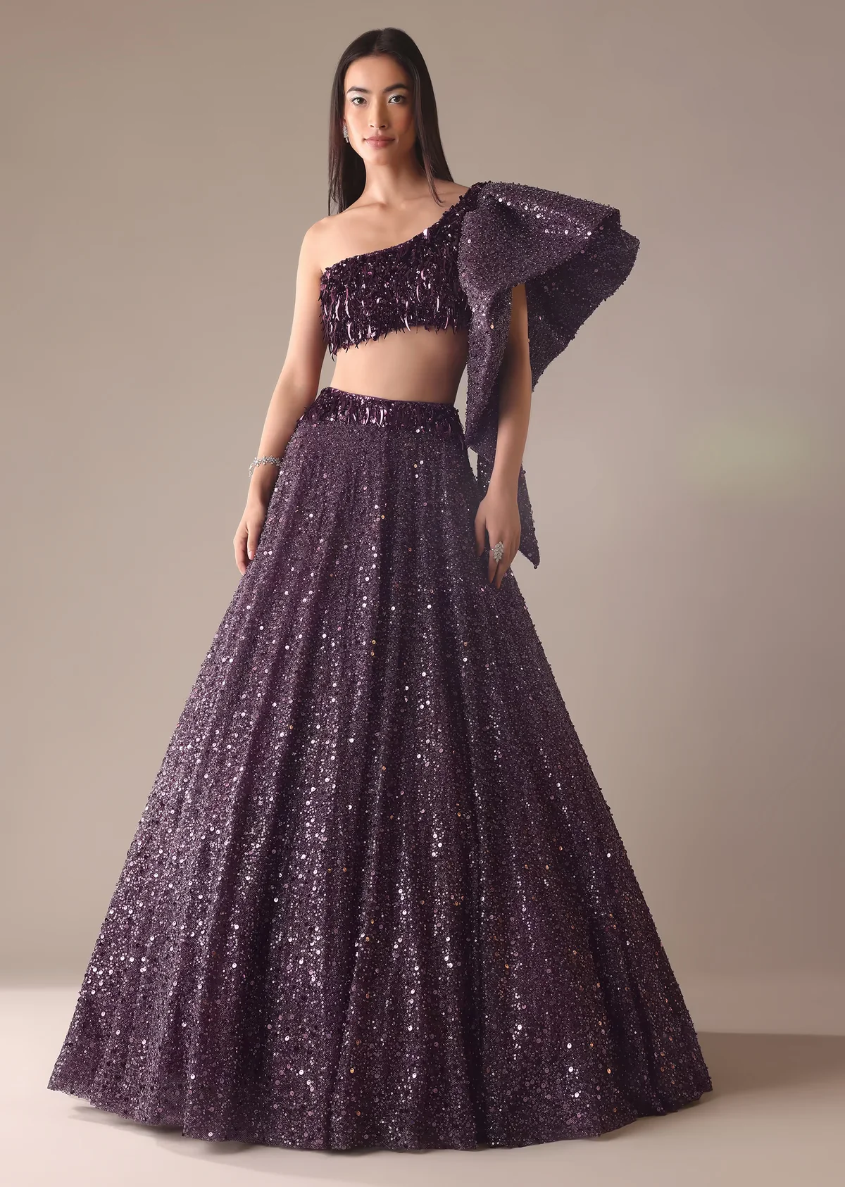 Wine Sequins Embroidered Lehenga And Blouse Set - Image 6