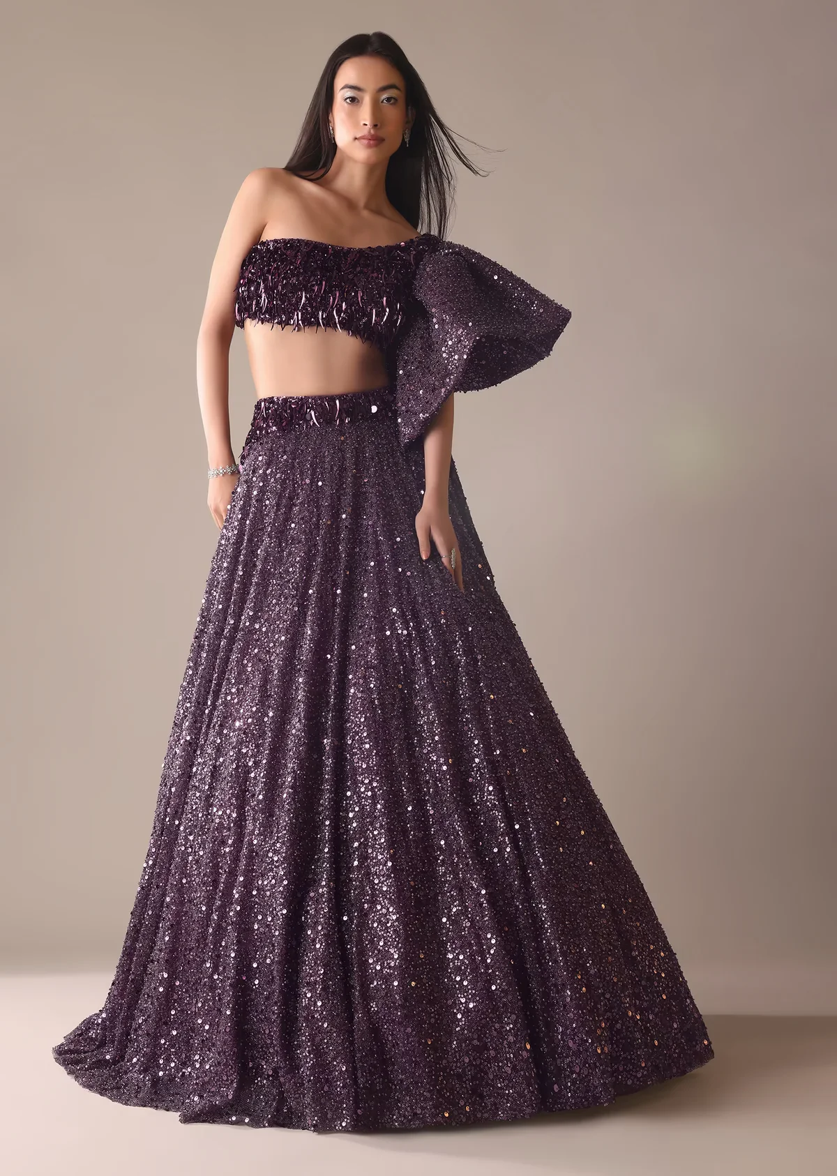 Wine Sequins Embroidered Lehenga And Blouse Set - Image 7