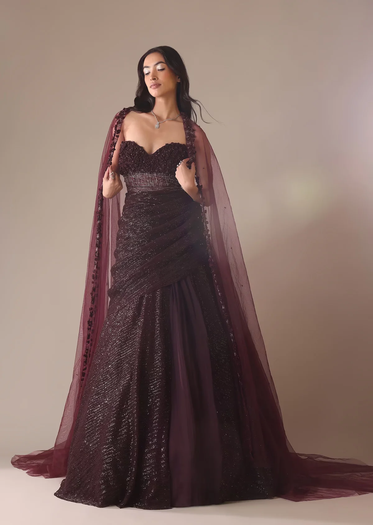 Wine Western Drape Gown With 3D Flower Embroidery - Image 5