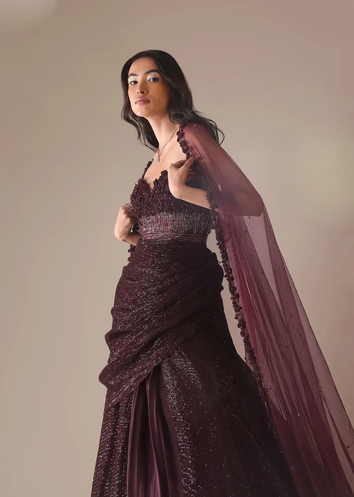 Wine Western Drape Gown With 3D Flower Embroidery - Image 6