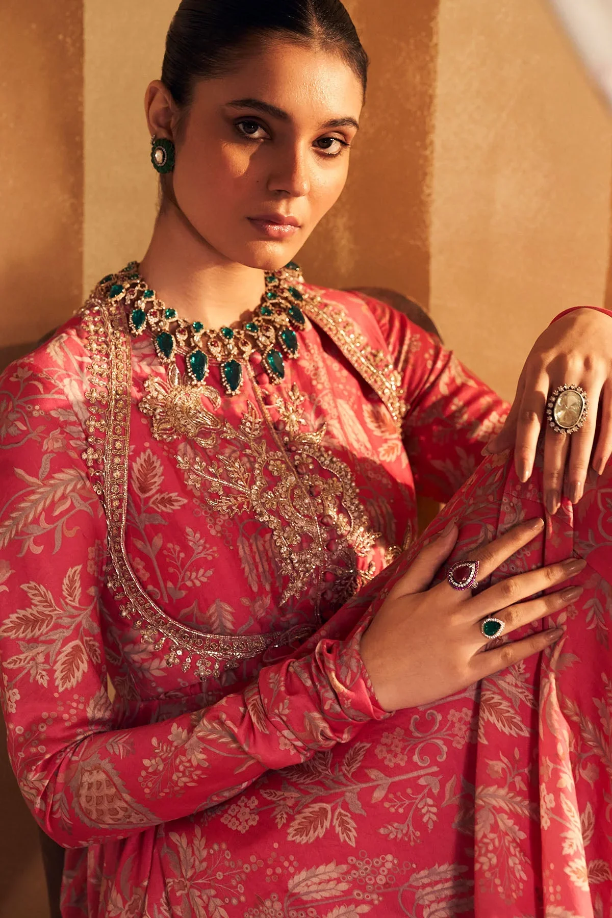 Yaqoob - Fucshia Chanderi Printed Embroidered Long Anarkali - Image 2