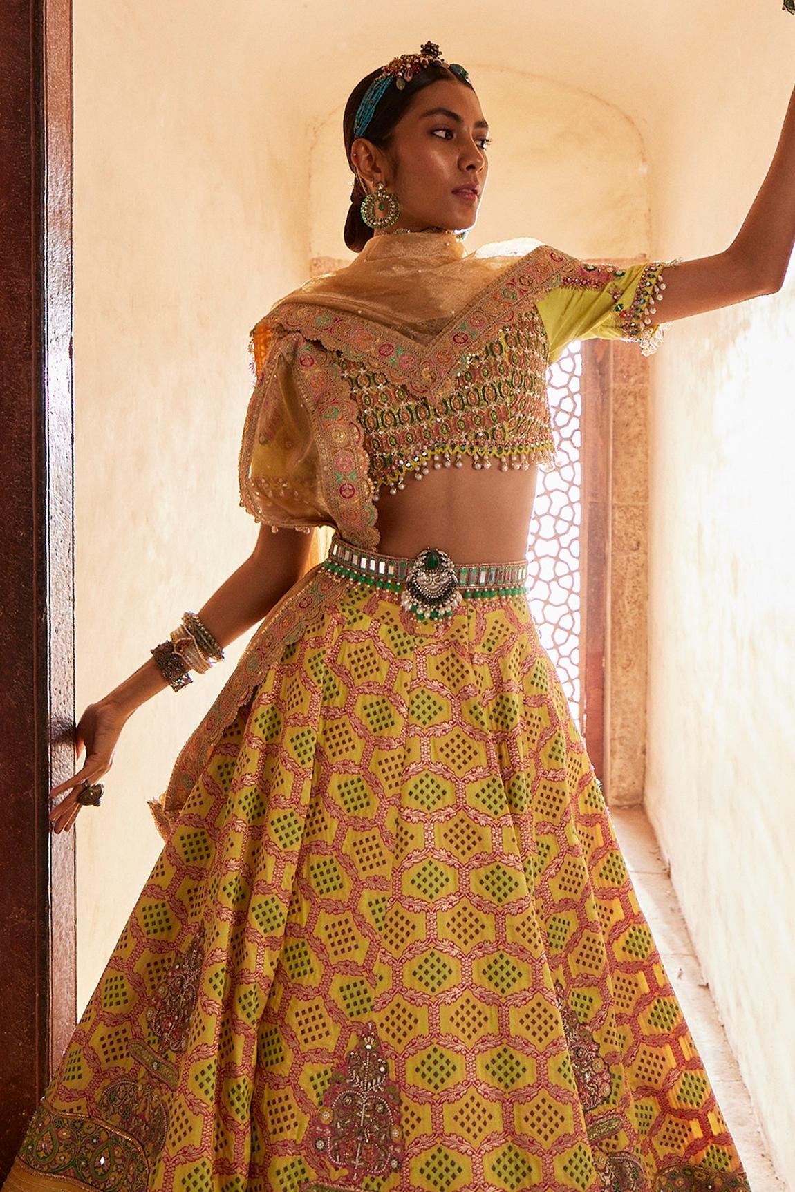 Yellow Bandhani Banarasi Pattern Lehenga Set - Image 3
