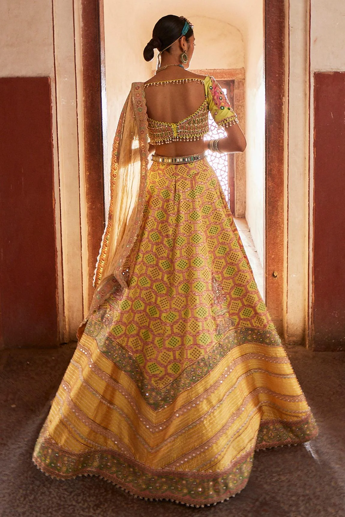Yellow Bandhani Banarasi Pattern Lehenga Set - Image 4