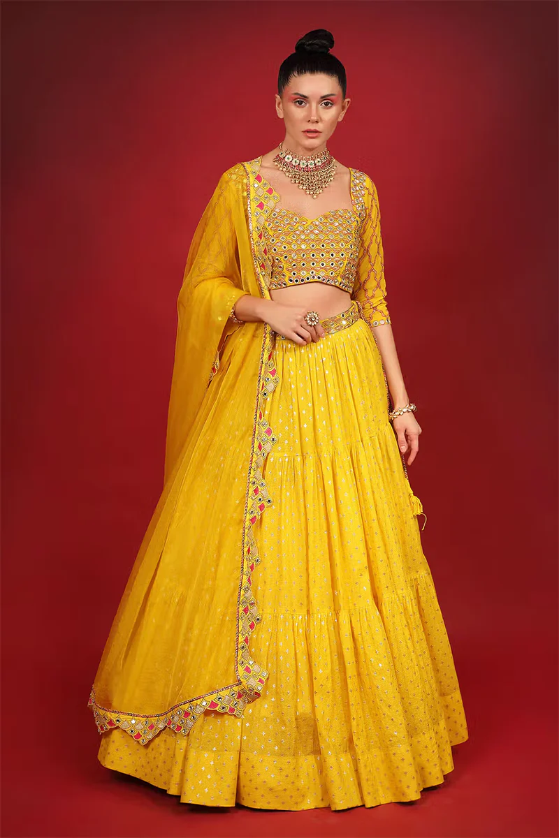 Yellow Cotton Shantoon Banarasi Chanderi Tiered Lehenga Set