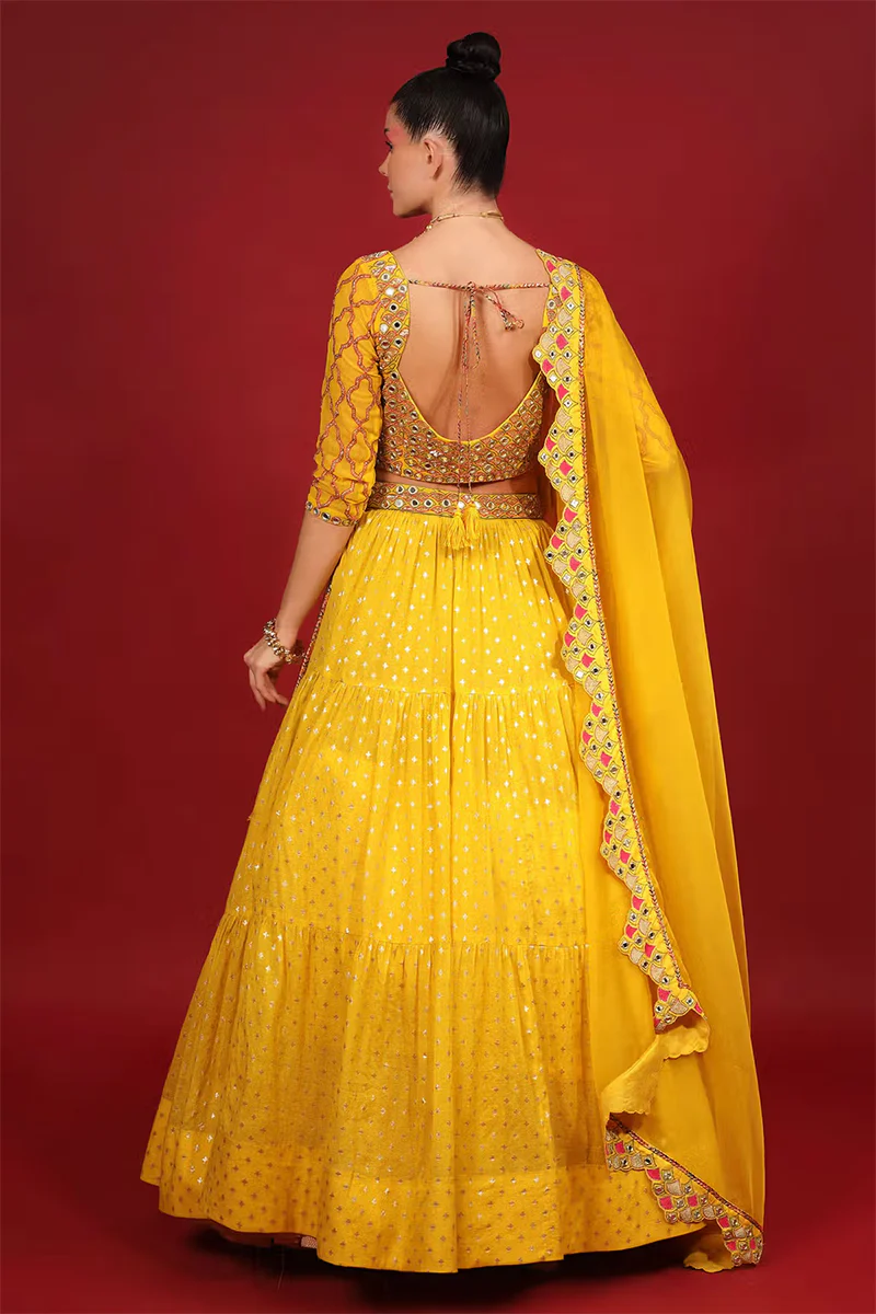Yellow Cotton Shantoon Banarasi Chanderi Tiered Lehenga Set - Image 2