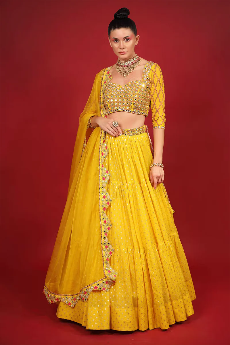 Yellow Cotton Shantoon Banarasi Chanderi Tiered Lehenga Set - Image 3