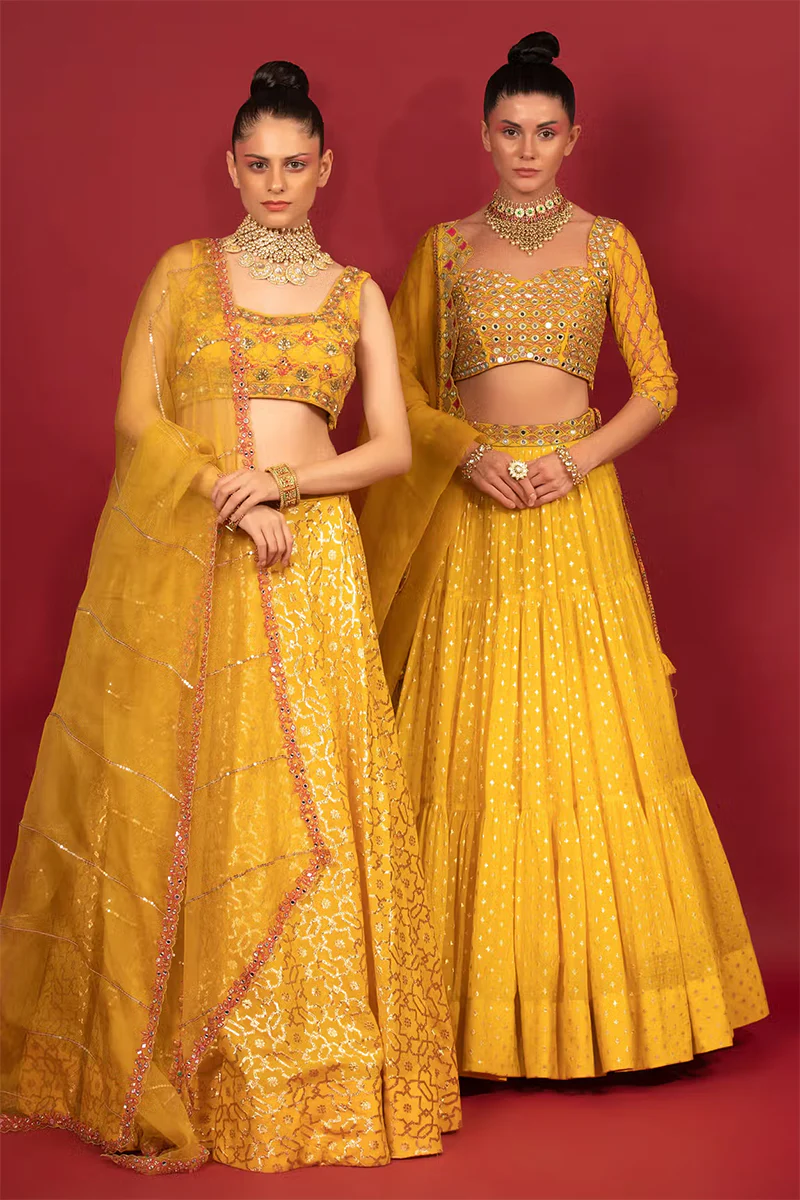 Yellow Cotton Shantoon Banarasi Chanderi Tiered Lehenga Set - Image 4