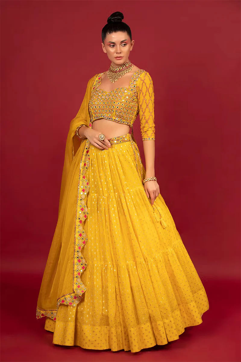 Yellow Cotton Shantoon Banarasi Chanderi Tiered Lehenga Set - Image 5