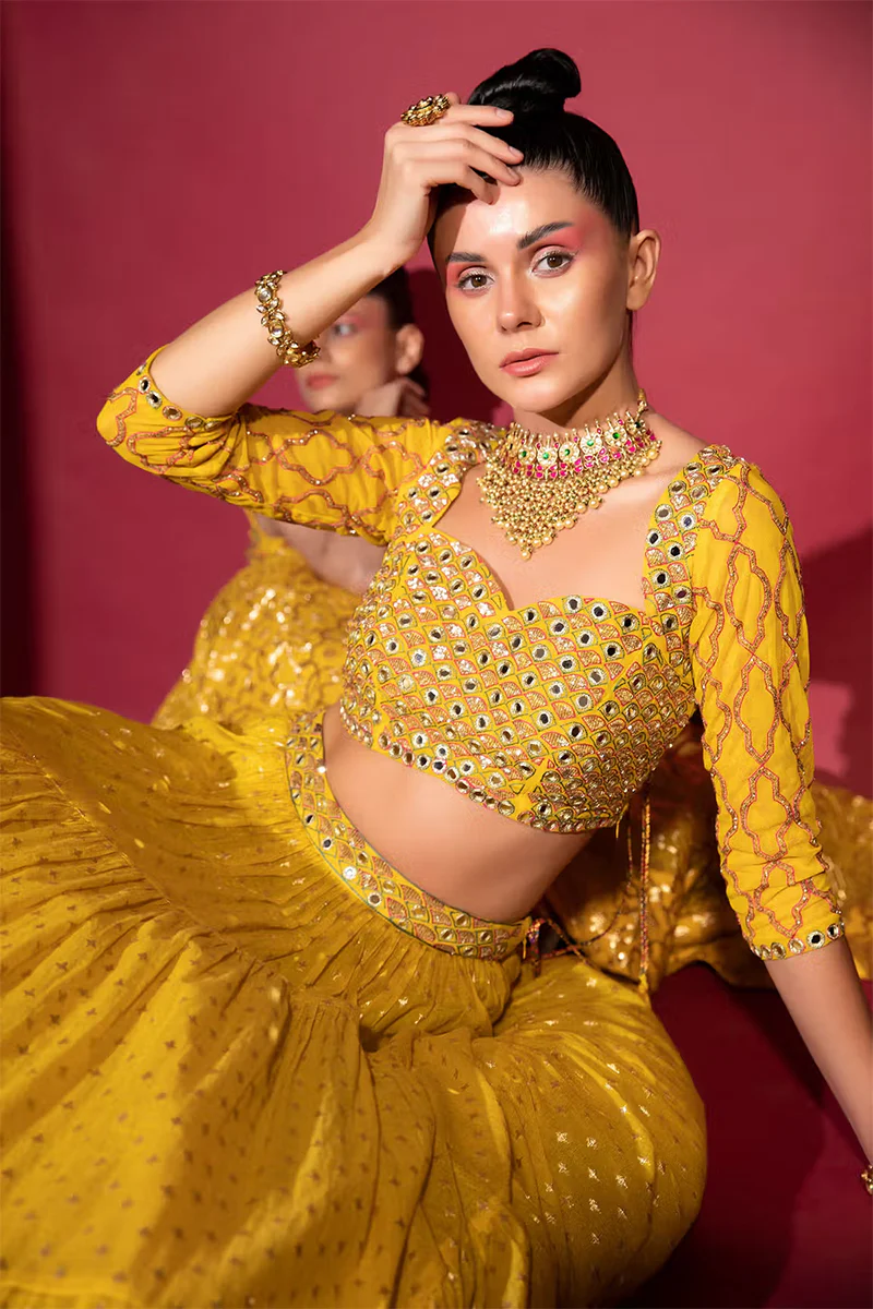 Yellow Cotton Shantoon Banarasi Chanderi Tiered Lehenga Set - Image 6