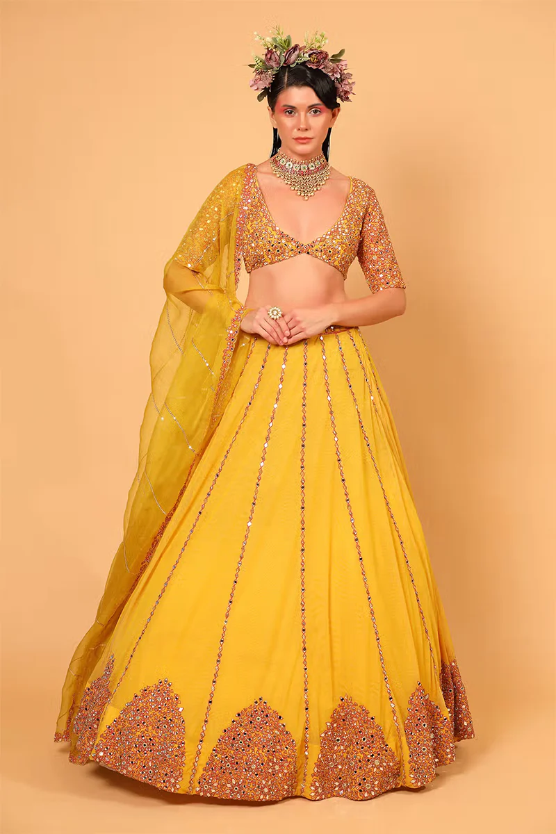 Yellow Cotton Shantoon Mirror Embroidered Lehenga Set