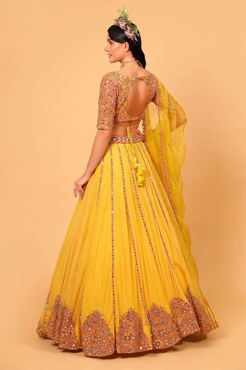 Yellow Cotton Shantoon Mirror Embroidered Lehenga Set - Image 2
