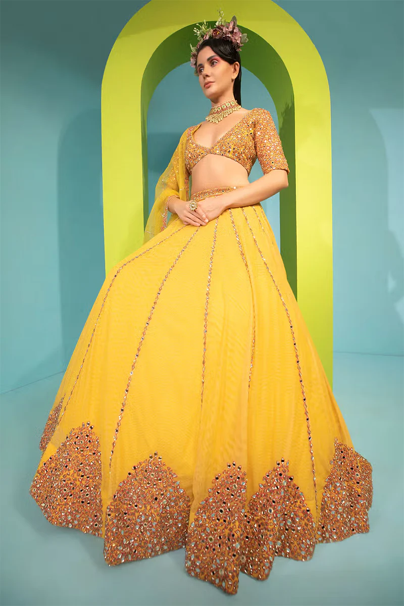 Yellow Cotton Shantoon Mirror Embroidered Lehenga Set - Image 3