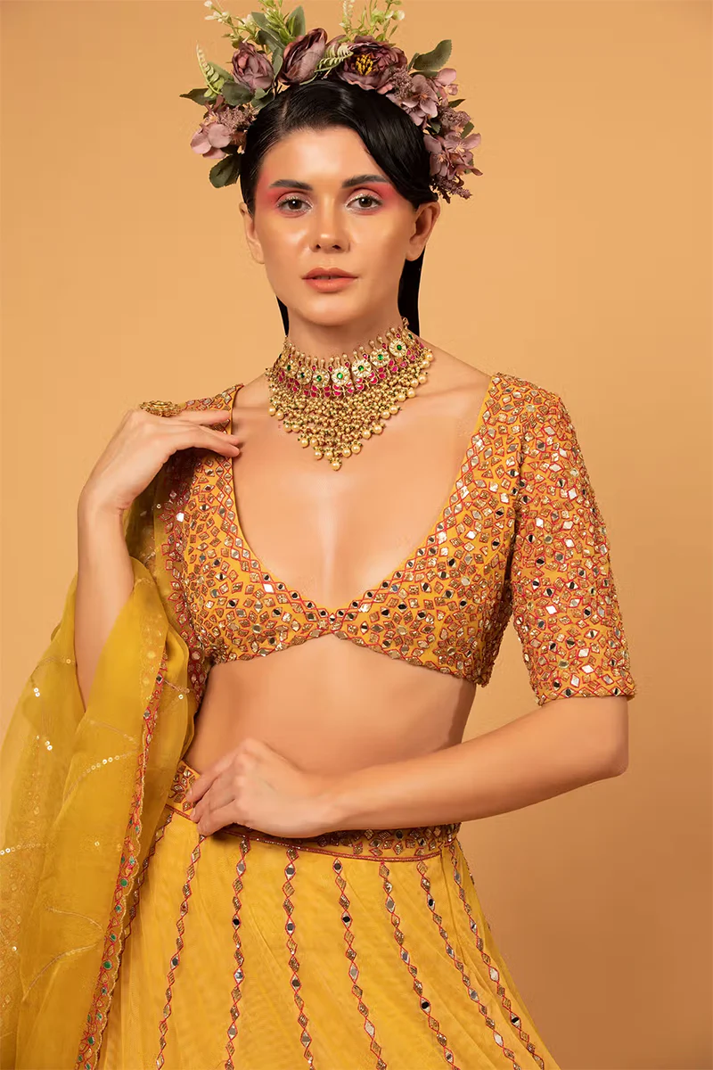 Yellow Cotton Shantoon Mirror Embroidered Lehenga Set - Image 4