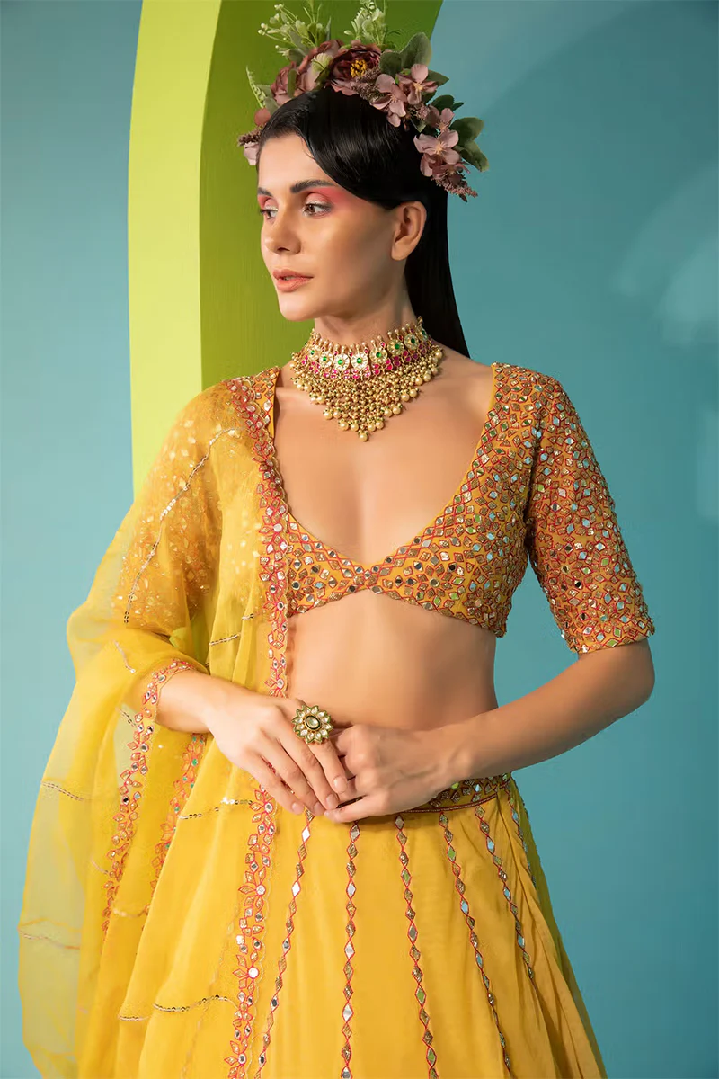Yellow Cotton Shantoon Mirror Embroidered Lehenga Set - Image 5