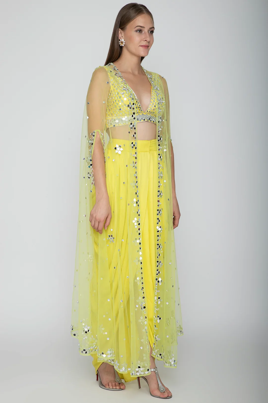 Yellow Embroidered Blouse With Dhoti Skirt & Lime Yellow Cape - Image 3