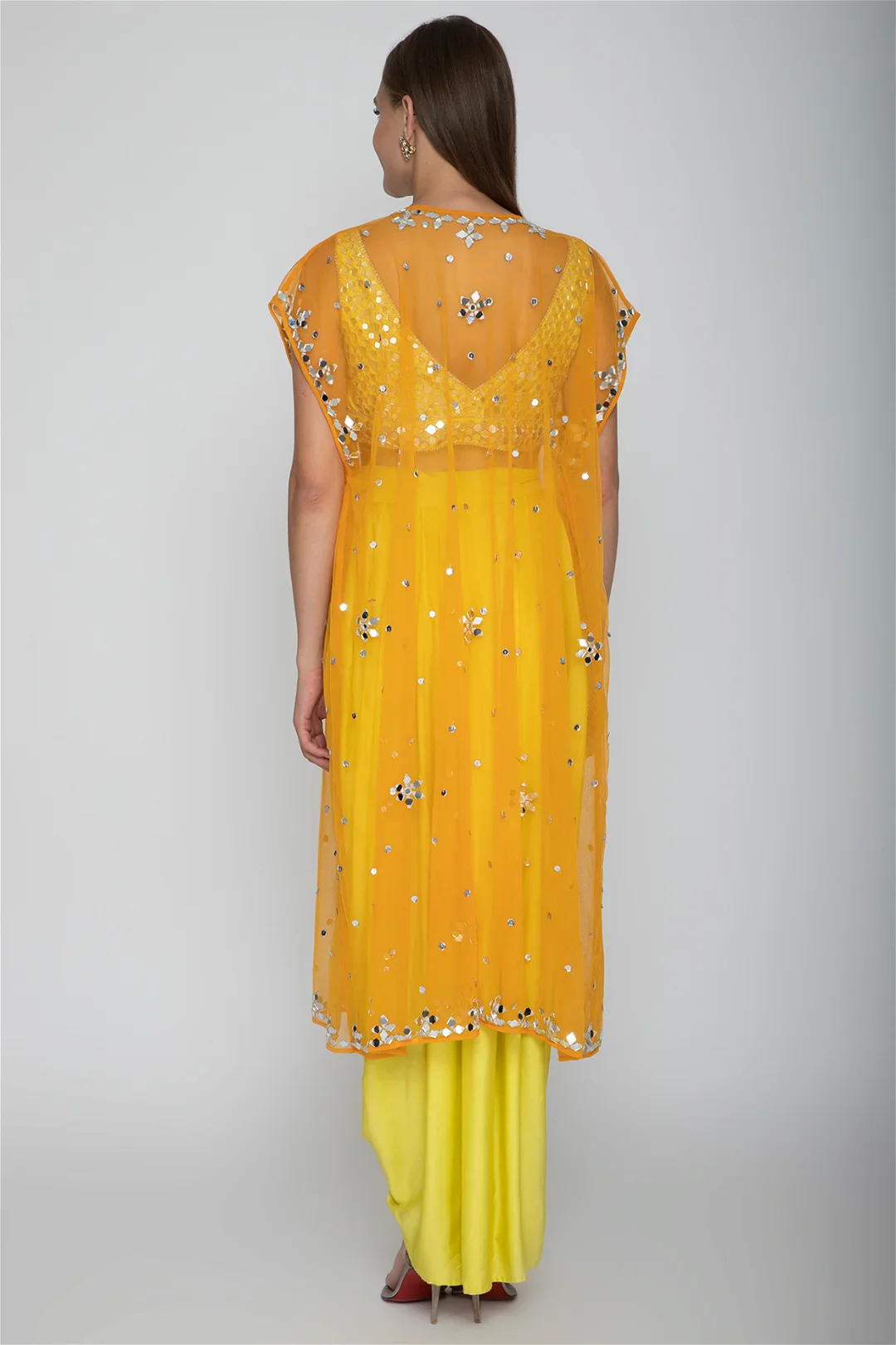 Yellow Embroidered Blouse With Dhoti Skirt & Orange Cape - Image 2