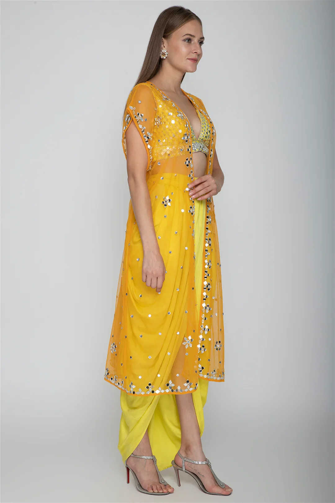 Yellow Embroidered Blouse With Dhoti Skirt & Orange Cape - Image 3