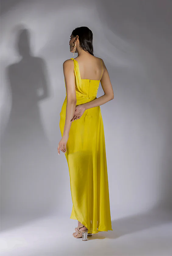 Yellow Embroidered Drape Corset Dress - Image 4
