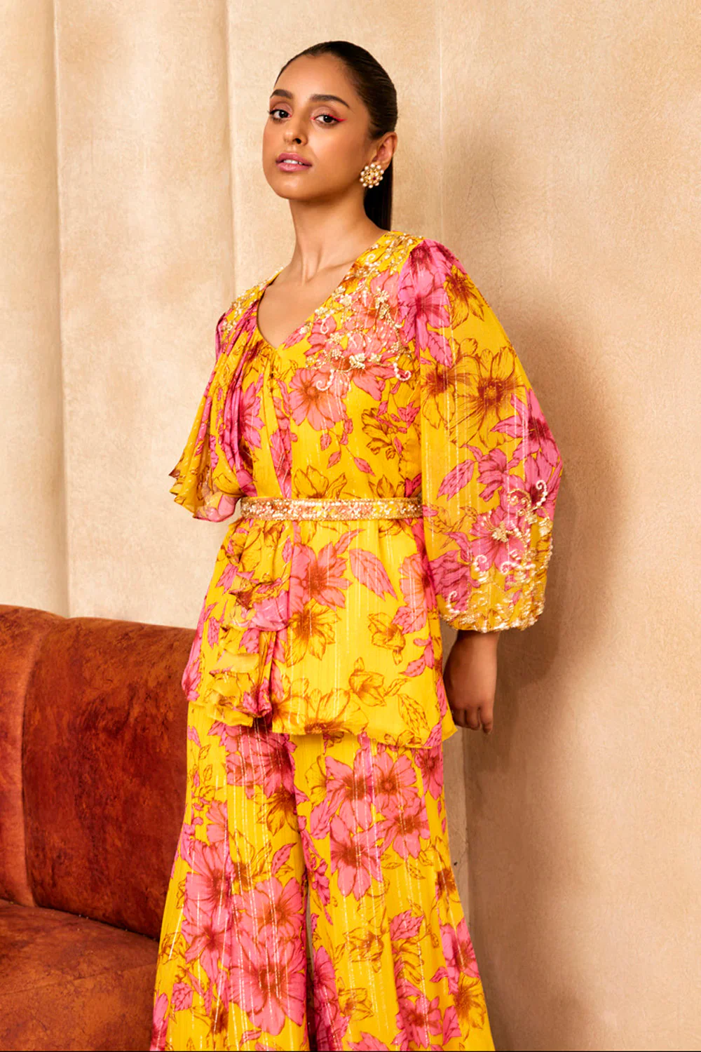 Yellow Floral Print Short Kurta Set - Image 2