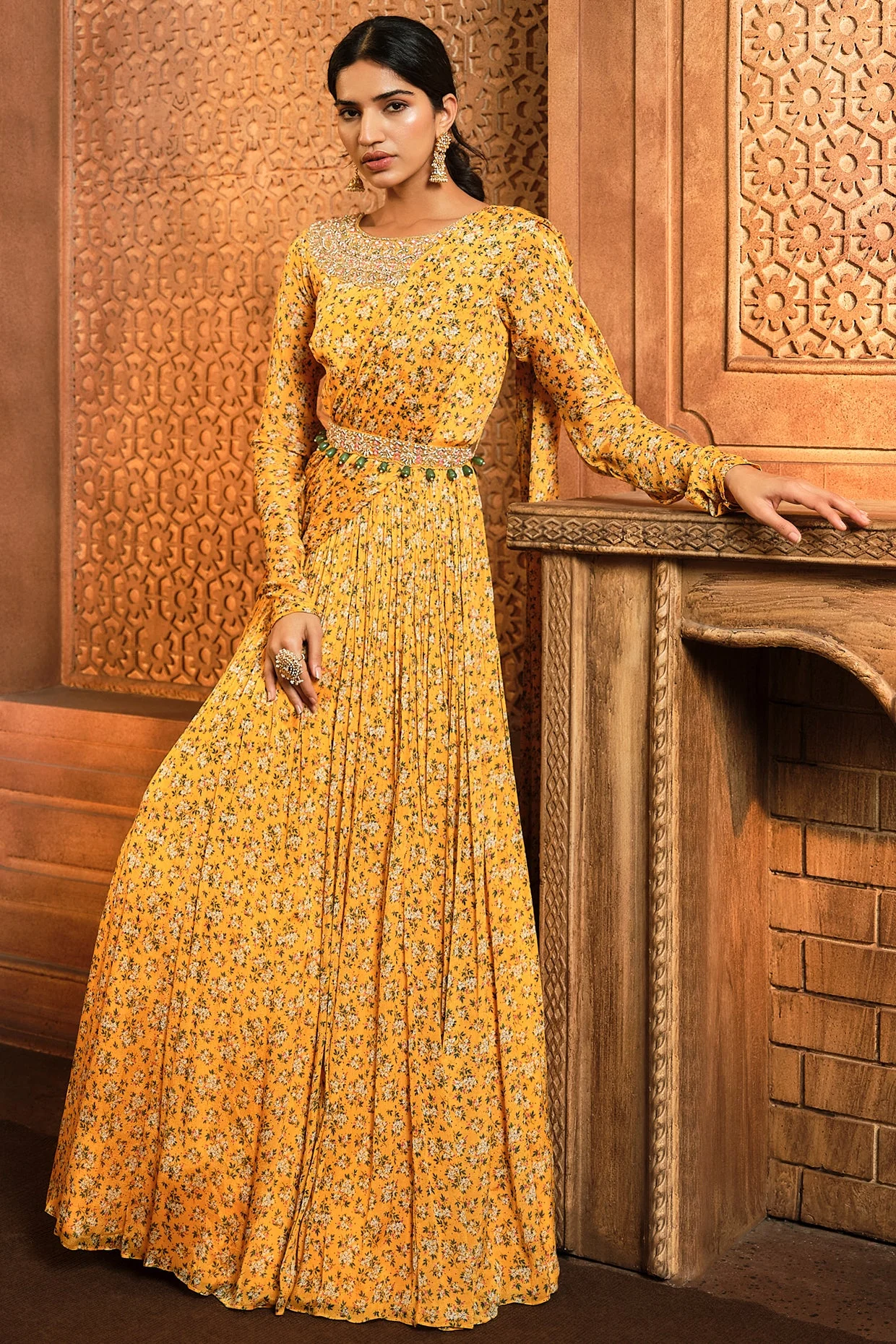 Yellow Floral Printed Draped Anarkali
