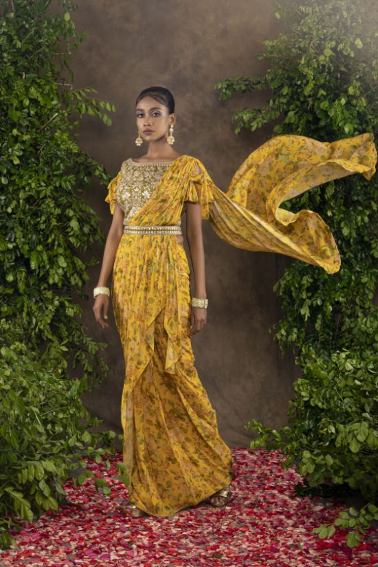Yellow Floral Printed Moomal Drape Sari