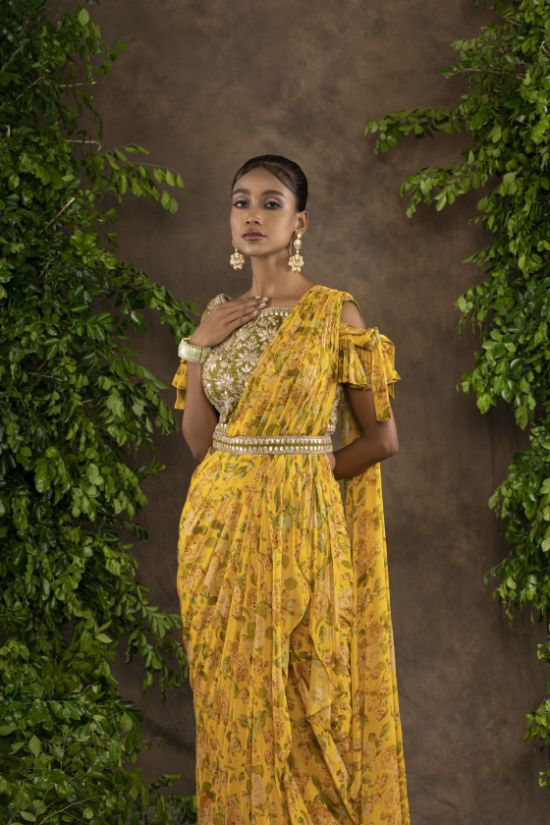 Yellow Floral Printed Moomal Drape Sari - Image 2
