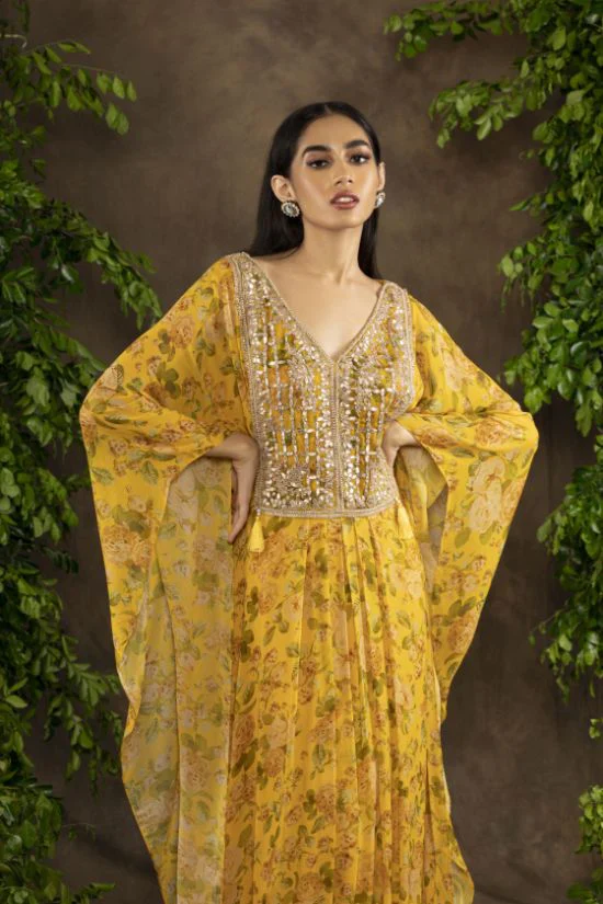 Yellow Floral Printed Moomal Kaftan