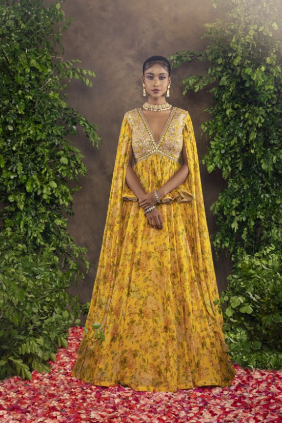 Yellow Floral Printed Moomal Lehnga With Peplum Blouse