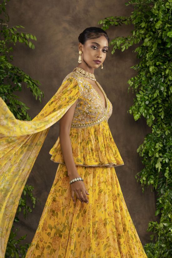 Yellow Floral Printed Moomal Lehnga With Peplum Blouse - Image 2