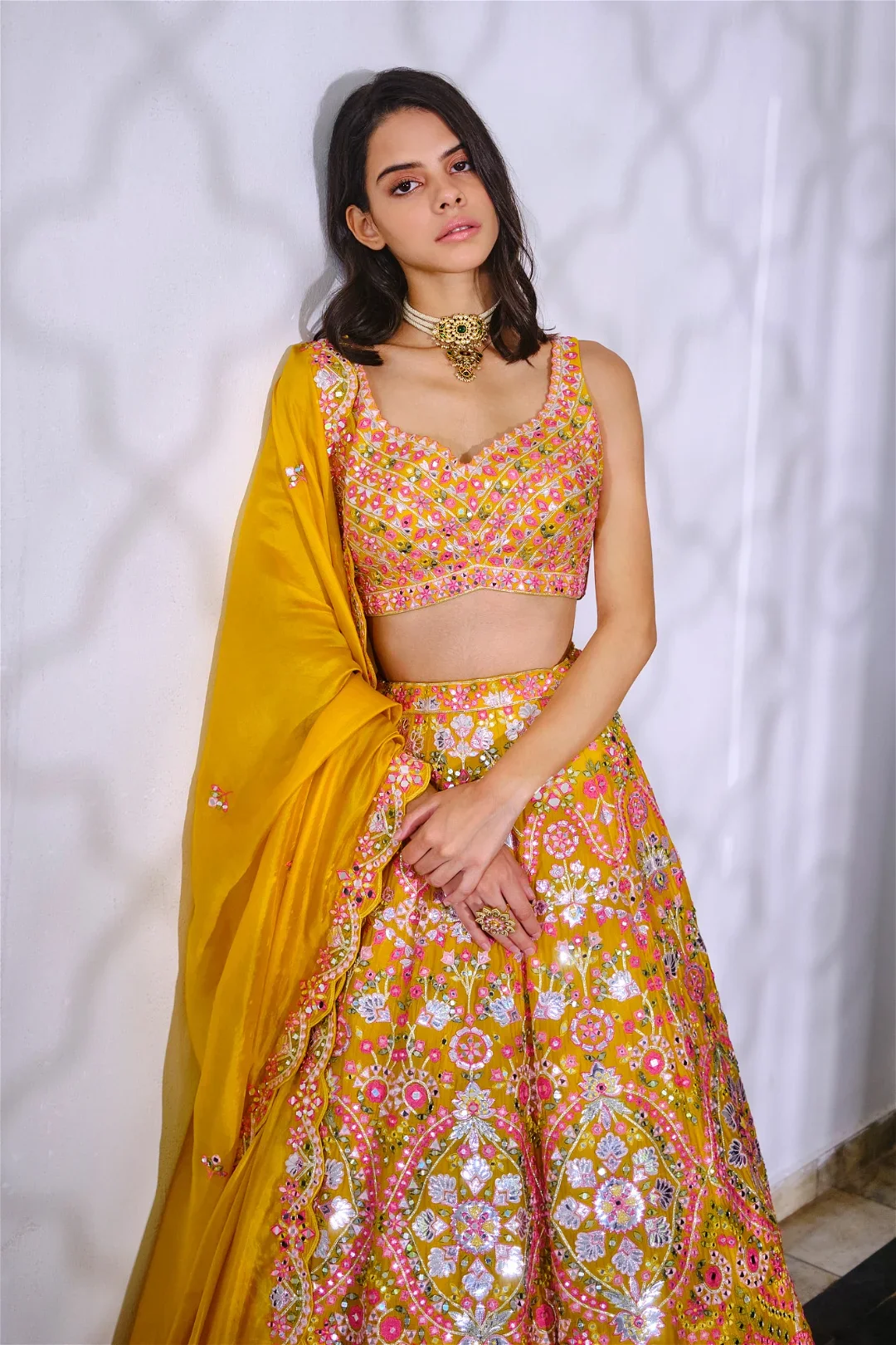 Yellow Floral Silk Lehenga - Image 3