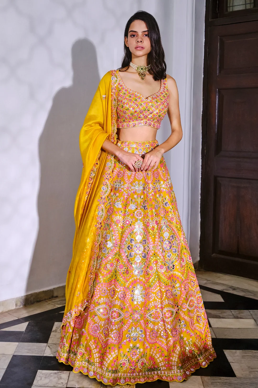 Yellow Floral Silk Lehenga - Image 4